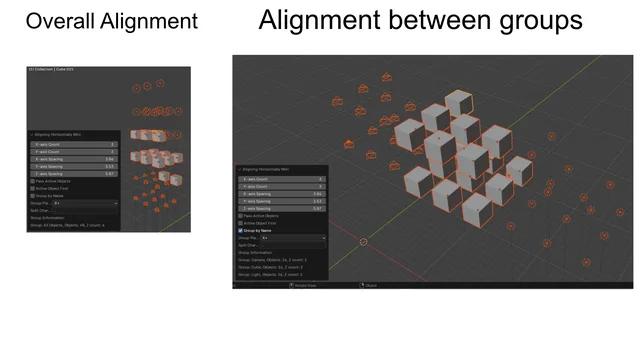 A before-and-after image showing how objects with similar names are grouped and aligned.