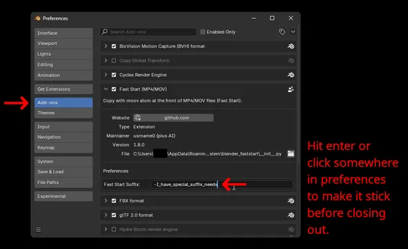 Customize your suffix in preferences/addons.  Characters that might break things are converted to _.
