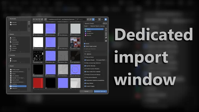 Dedicated window available from File > Import > Substance Textures...