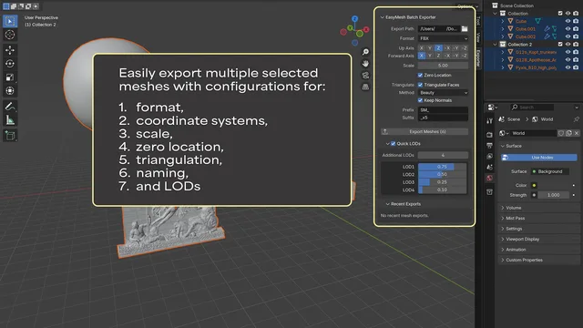 Export panel showing supported features