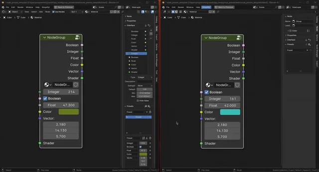 Copy/Paste: You can copy/paste presets from different nodegroups, even if they are in different files! Under the hood it copies a JSON dictionary to the clipboard.