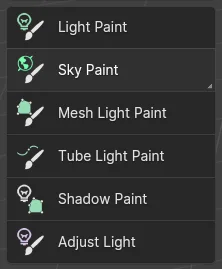 Tools available: light paint, sky paint, mesh light paint, tube light paint, shadow paint, and adjust light