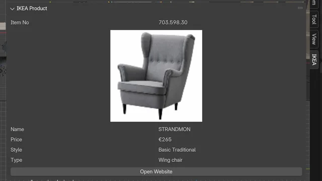 When an IKEA object is selected in the 3D scene, extra product data is available