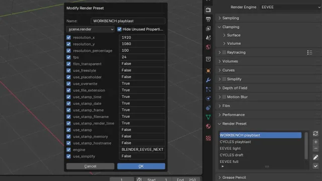 Render Panel and Modify Preset popup opened in Blender