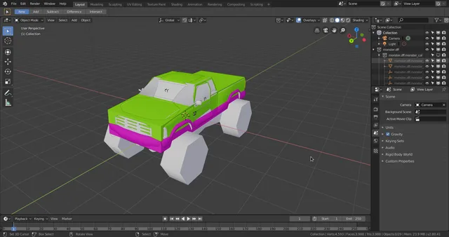 A monster vehicle model imported into Blender