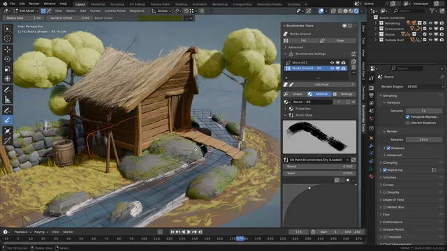 Screenshot of the fishing hut demo file open in Blender interactively rendered with Eevee