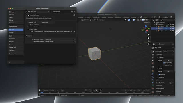 Screenshot of Blender in dark mode with the Blender Darker theme