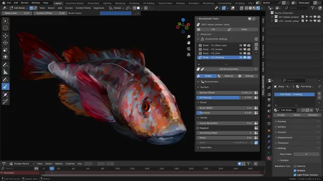 Brushstroke Tools setup with the Blender Studio fish asset from Project Gold. There are multiple brushstroke layers visible. Three fill layers with different purpose and one draw layer. There is a dedicated brush drawing tool in the toolbar on the left.