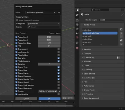 Render Panel and Modify Preset popup opened in Blender