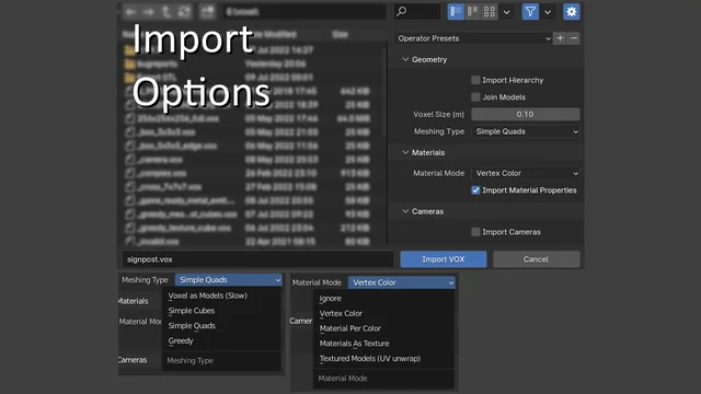 Import options for meshing, materials, and more