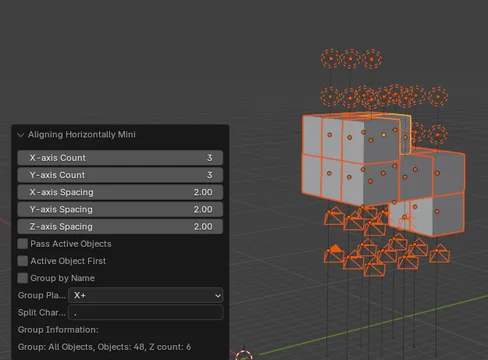 A screenshot showing the add-on's interface in Blender and an example of aligned objects.