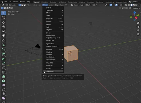 Location of Snap Bisect in the Edit Mesh menu