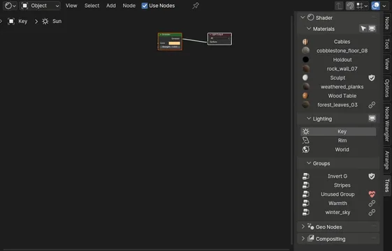Screenshot of the node editor, with Matalogue's tree tab visible.