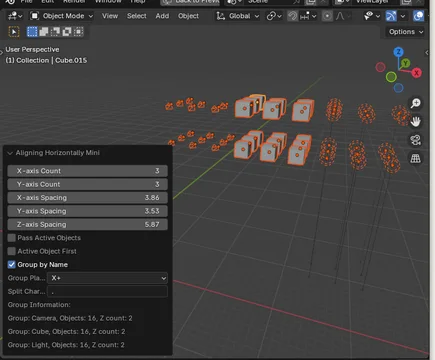 An animated GIF showing how changing the group placement direction affects the overall arrangement of object groups.