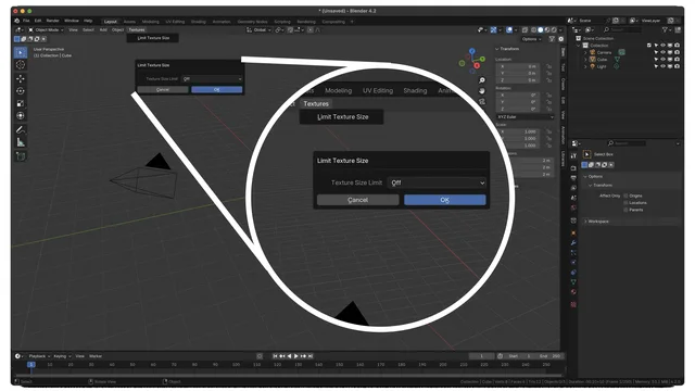 The texture size limit menu can be found in the upper left of the 3D view header.