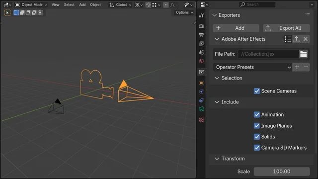 Add-on UI: the collection properties show an Adobe After Effects exporter with settings.