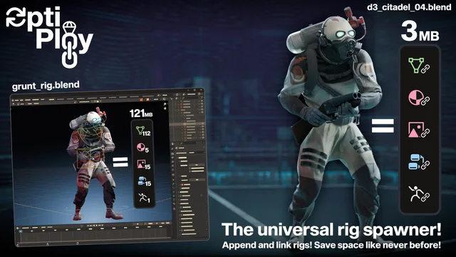 From a 121mb rig file into a 2.7mb file, OptiPloy can append and link the rig with full functionality. Increasing the working file size to a measly 3.09mb!