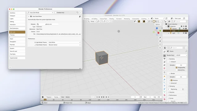 Screenshot of Blender in light mode with the Gold White theme