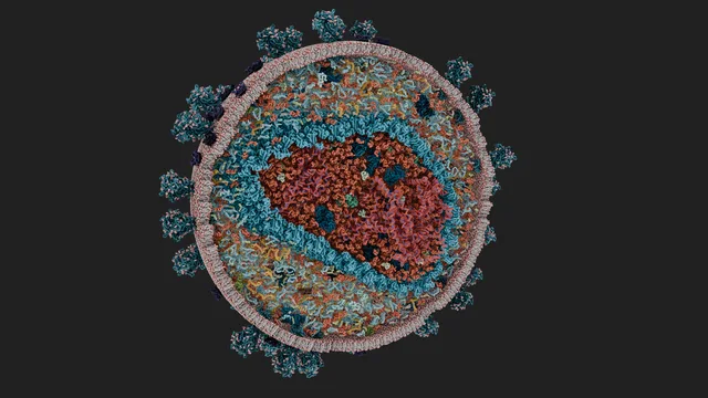 Example render of a CellPack dataset of the HIV Virion, imported and rendered in Blender with Molecular Nodes.