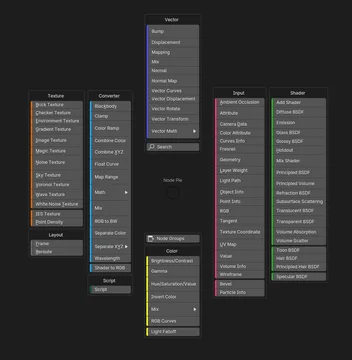 Shader nodes pie menu